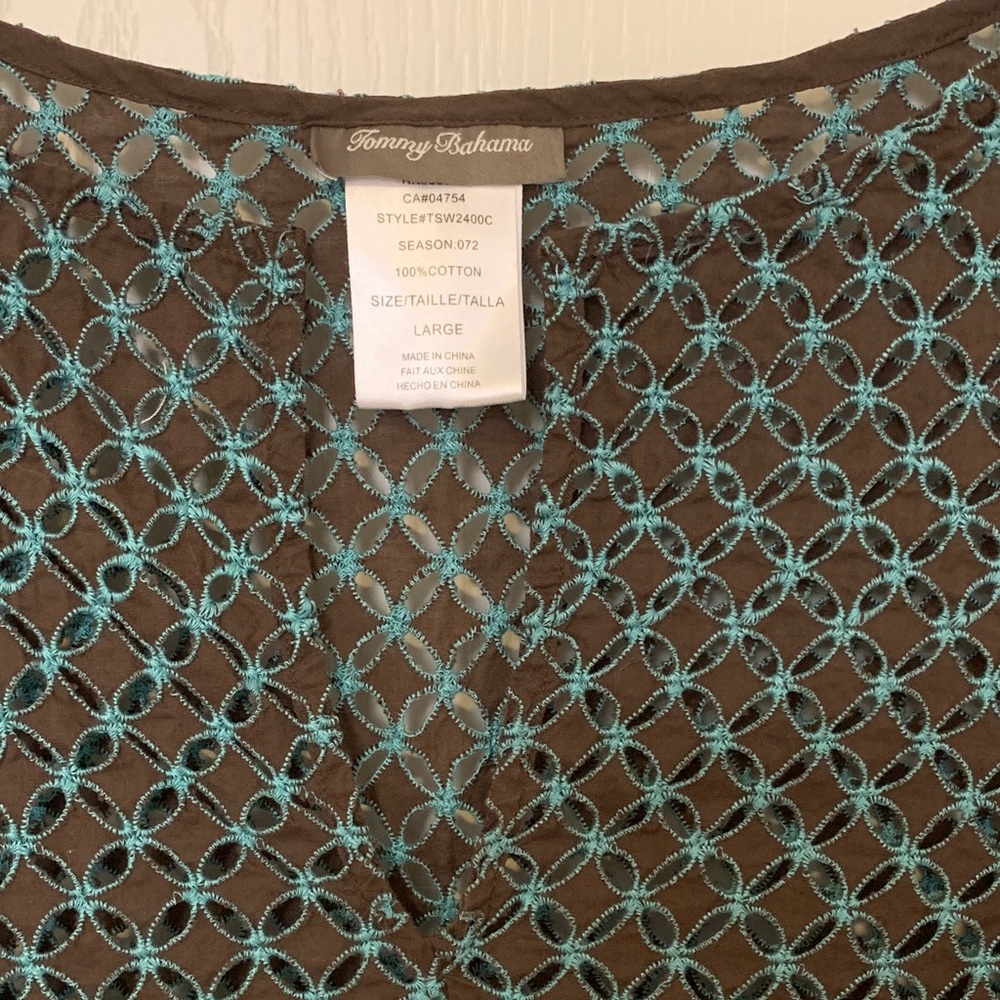 Sz L Tommy Bahama Brown and Teal Geometric summer pool party vacay Dress used - Picture 3 of 17